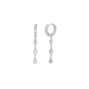 S925 Sterling Silver drop hoop earrings with three cubic zirconia stones on white background