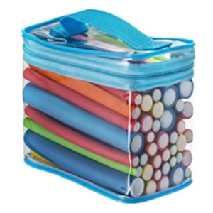 Clear PVC storage bag with blue zipper containing 80 multi-colored foam hair rollers
