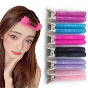 Detail showing hair styling rollers in multiple colors with a model application view