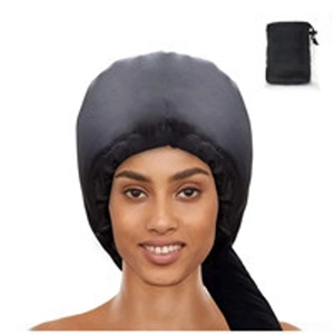 Close-up of a dark grey satin hair bonnet with an elastic band and black storage pouch