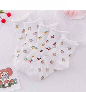Close-up of five pairs of white cotton socks with cute fruit patterns like strawberry