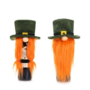Green St. Patrick's Day gnome wine bottle cover with orange beard on white background