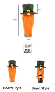 Detailed view of St. Patrick’s Day gnome wine bottle covers with beard and braid designs