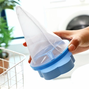Blue plum-shaped floating lint mesh bag for washing machine hair and debris removal