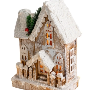 Luminous Christmas wooden house with LED lights and snow effect for indoor holiday decor