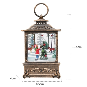 Detail view of bronze Christmas lantern showing dimensions 13.5cm by 8.5cm by 4cm