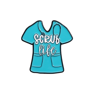 Blue enamel medical scrub top brooch with Scrub Life text for doctors and nurses