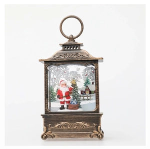 Detail of Christmas lantern with Santa scene and retro bronze finish on white background