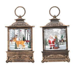 Detail of vintage bronze Christmas lanterns with reindeer and Santa Claus snow scenes