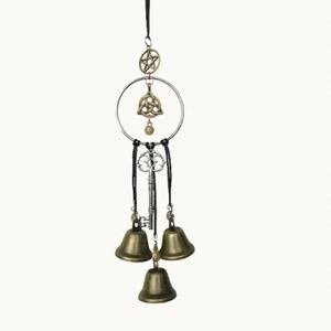 Witch bells door hanger with pentagram, celtic knots, and vintage keys in bronze and silver