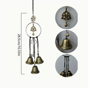 Detailed view of witch bells hanging decor with bronze bells and 26.5cm size chart