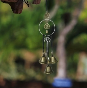 Witch bells home door hanger with bronze bells, silver key and Celtic knot protection