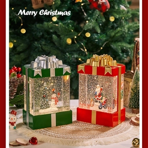 Luminous Christmas gift box water lantern with glowing snow music box and LED lights