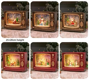 Detailed views of vintage TV Christmas snow globe lanterns with glowing LED light effects