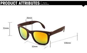 Detailed size specifications of matte brown folding sunglasses with orange mirrored lenses