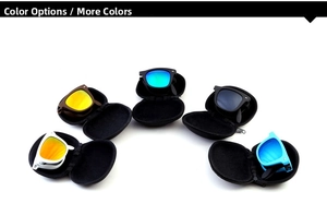 Foldable sunglasses in five assorted colors with portable semi-round zippered cases