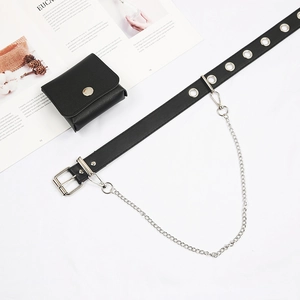 Punk style black PU leather belt with silver chain and detachable pouch on white background