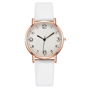 Minimalist women's quartz watch with white leather strap and rose gold case