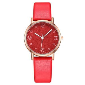 Fashion women quartz watch with red leather strap and textured rose gold dial