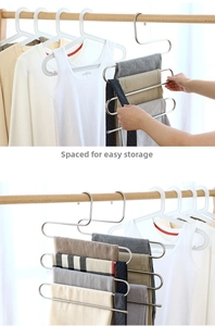 Detailed view of 5-tier S-shaped stainless steel pants hanger with non-slip storage design