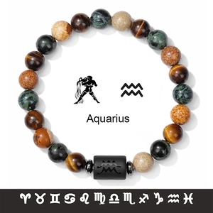 Zodiac Bracelet Natural Tiger Eye Picture Stone Beaded Adjustable Handmade Retro Western Jewelry For Men Women