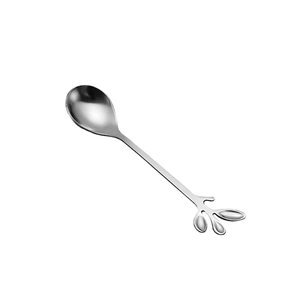 Silver stainless steel creative leaf handle spoon for coffee and dessert on white background