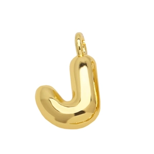 Close-up detail of the gold-plated puffy letter J pendant, showing glossy finish.