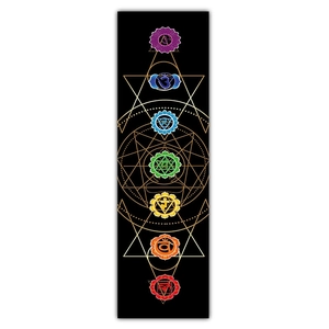 Macro detail of Seven Chakras and Sacred Geometry print on black vertical wall hanging