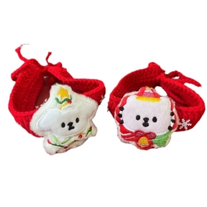 Handmade Christmas knit scarves for pets featuring cute cartoon dog and cat appliques