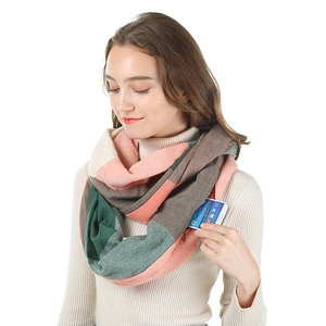 Close-up of a multi-color knit scarf featuring a functional pocket for mobile phones