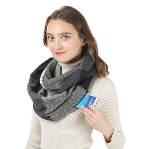 Detail of checkered neck gaiter with integrated storage pocket for mobile phone and warmers
