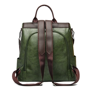 Army green PU leather anti-theft backpack for women with brown straps and back zipper