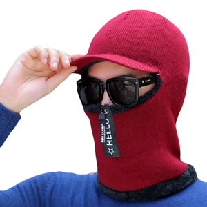 Red winter knitted balaclava with brim and fleece lining for men's thermal protection