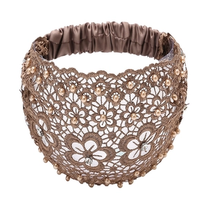 Lace wide headband with pearl and rhinestone embellishments in champagne brown color