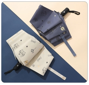 Detail of automatic folding umbrella featuring cute cartoon cat prints and meow text