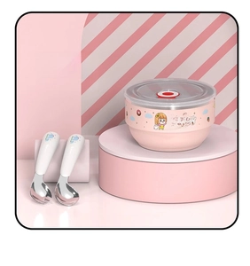 Bol bébé isotherme en acier 316 rose avec motif fille et ensemble de couverts assortis