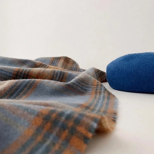 Blue wool beret and checkered shawl set for autumn winter seasonal warm accessories