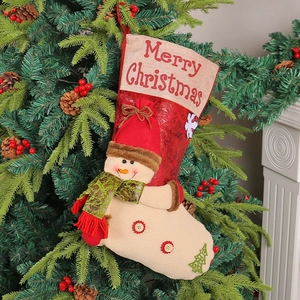Large Christmas stocking with 3D snowman hanging on a decorated Christmas tree