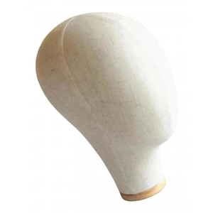 Linen fabric mannequin head stand for professional display of hats and wigs on white background
