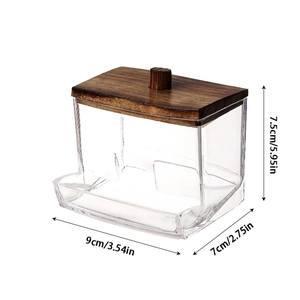 Detailed dimensions of round clear plastic organizer box with black wood lid and side opening