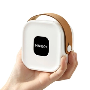 Portable white electronic mini box organizer with brown leather strap for chargers and cables