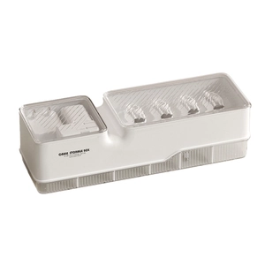 White cable storage box with transparent striped lid for desktop wire management