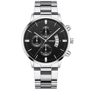 Business men's watch with silver metal strap, black dial and three chronographs