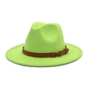 Detail of neon green fedora hat featuring a brown faux leather band and gold buckle