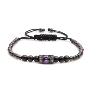 Bracelet tissé réglable avec perles métalliques noires et pierre zircon violette