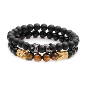 Set de bracelets en pierre œil de tigre et noir mat avec couronnes dorées et argent