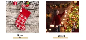 Detail of red knitted Christmas stocking with white snowflake and cozy warm LED bulb lights