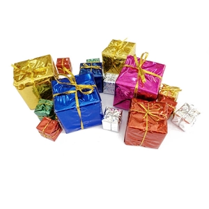 Colorful mini Christmas gift box ornaments with shiny metallic finish and gold ribbons