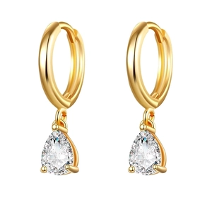 Elegant gold drop earrings with pear-cut cubic zirconia stones on white background