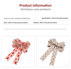 Detail view of 25cm burlap Christmas bows with glitter prints and festive patterns